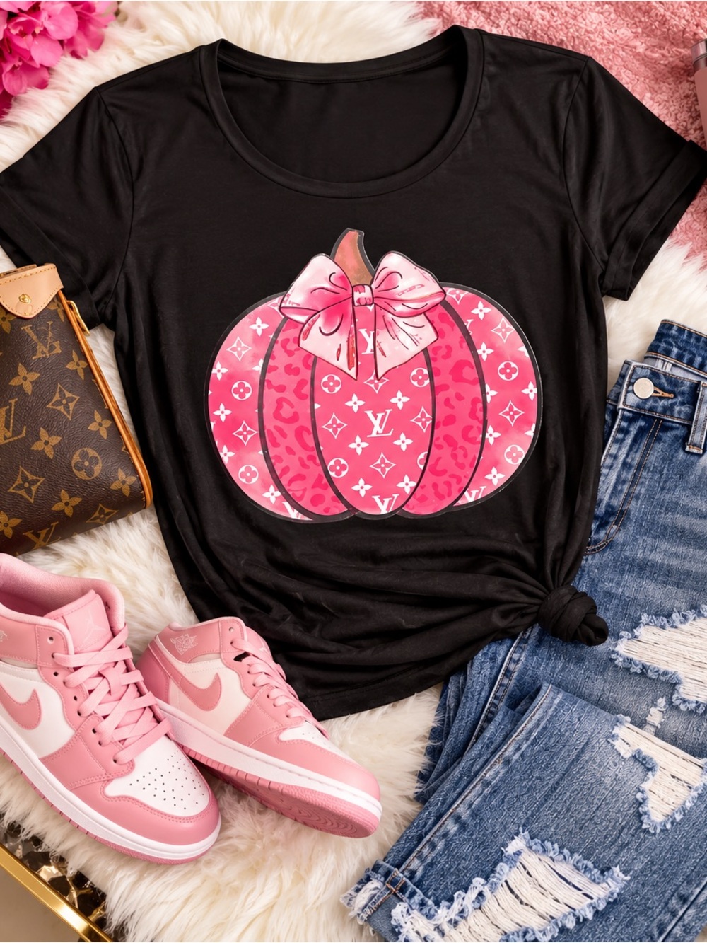 Black Short-Sleeve Tee with Pink Pumpkin Graphic and Bow